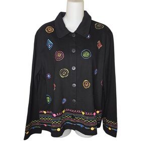 Coldwater Creek Colorful Embroidered Black Button-Up Knit Jacket Size Medium